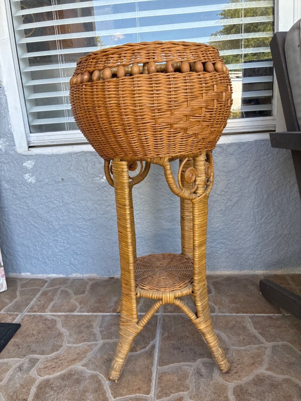 Vintage Wicker rattan Plant Stand With Beaded Detailing Lower Shelf 28 Inch Tall